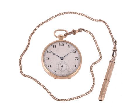 
	
		Unsigned, 
		9 carat keyless wind open face pocket watch, no. 103069, circa 1924 
		Movement: Lever escapement, bimetall