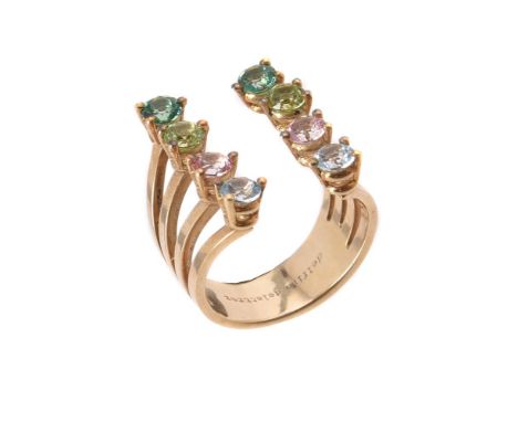 
	
		A multi gem set Dot ring by Delfina Delettrez, the open band set with peridots, pink and green tourmaline and aquamarine