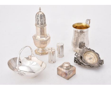 
	
		A collection of silver items, to include: an octagonal sugar caster by Sir John Bennett Ltd., London 1932, with a bell s