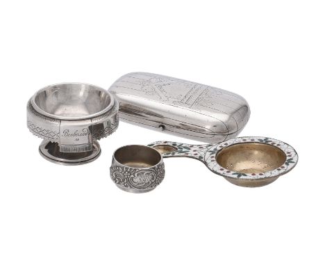 
	
		Four items of Russian silver, comprising: an oblong cigarette case, maker's mark JAL (unknown), St Petersburg late 19th 