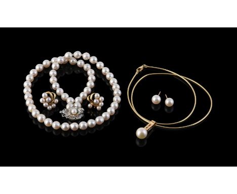 
	
		A small collection of cultured pearl jewellery, comprising a cultured pearl and diamond accented pendant by Bros, stampe