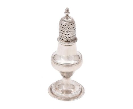
	
		A George III ogee baluster small caster by Hester Bateman, London 1788, with an acorn finial to the hatch engraved domed