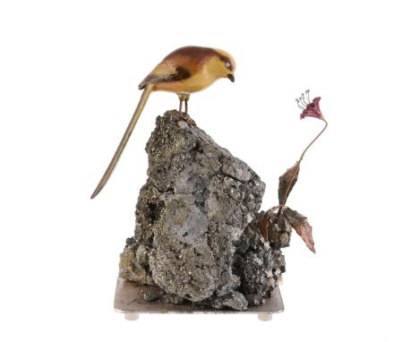 
	
		An Italian diamond and enamel bird and flower ornament, mid to late 20th century, the yellow wagtail with brilliant cut 