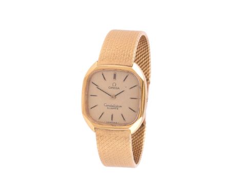 
	
		Omega, Constellation, 
		Lady's 18 carat gold bracelet watch, no. 591 8605
		Movement: Quartz, 2 jewels
		Case: 18 carat