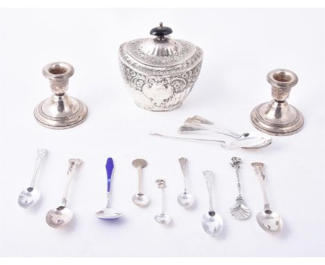 
	
		A small collection of silver, comprising: A late Victorian oval tea caddy, London 1892; various silver and silver colour