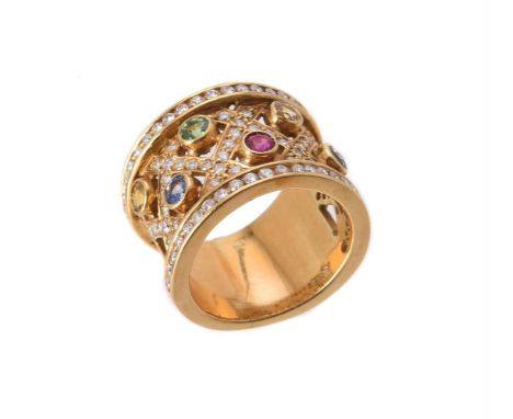 
	
		A multi gem dress ring, the broad band with a lattice of brilliant cut diamonds with circular cut gem accents, including