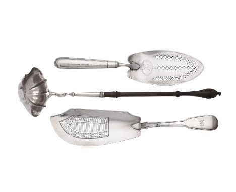 
	
		A George II silver toddy ladle and two George III fish slices, the ladle by Dorothy Mills &amp; Thomas Sarbitt, London 1
