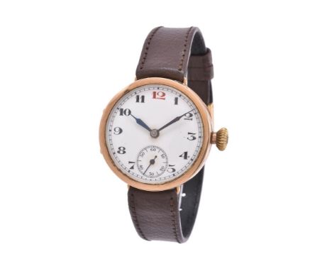 
	
		Unsigned,
		9 carat gold trench watch, no. 1087965, circa 1923
		Movement: Swiss manual wind
		Case: 9 carat gold case, 