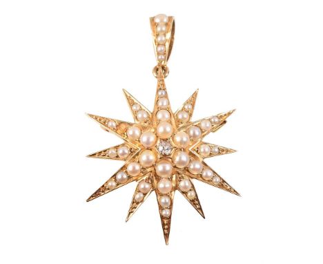 
	
		A late Victorian diamond and half pearl star brooch/pendant, the star set with graduated half pearls and centred with an