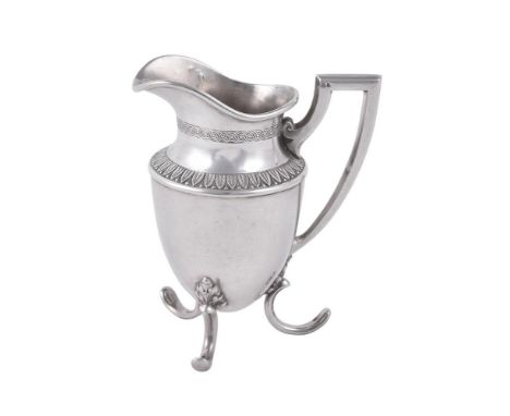 
	
		A Russian silver ovoid cream jug, maker's mark partly struck, Kokoshnik mark for Moscow 1898-1914, assay master Ivan Ser