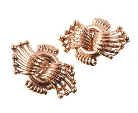 
	
		A pair of 1950s Retro ear clips, with stylised wire and bead panels, hallmarked London 1959 with maker's mark SS, 2.7cm 