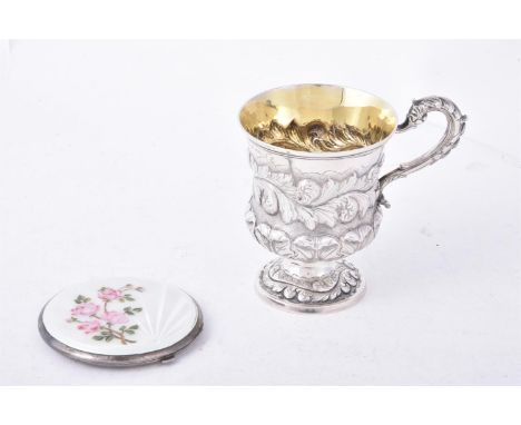 
	
		A Victorian silver christening mug by William Knight II, London 1849,with a leaf-capped scroll handle, a moulded rim, em