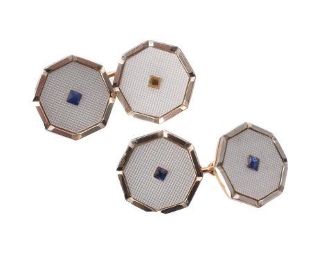 
	
		Y&nbsp;A pair of mid 20th century sapphire and mother of pearl cufflinks, the octagonal textured mother of pearl panels 