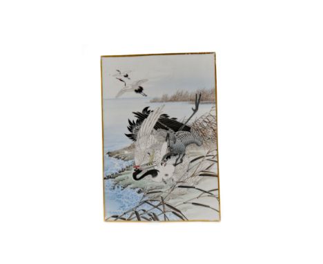 EARLY 20TH CENTURY JAPANESE PAINTED CERAMIC PANEL, depicting birds at a shoreline, 30cm x 21cm Provenance: A Private Scottish