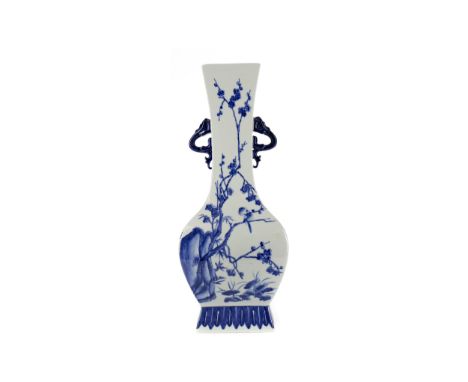 20TH CENTURY CHINESE BLUE AND WHITE VASE, of square baluster form, painted with flowers and birds in shades of blue on a whit