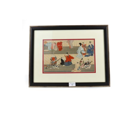 AFTER MORONOBU HISHIKAWA, THE STAGE woodblock print, 19cm x 29cm Mounted, framed and under glass