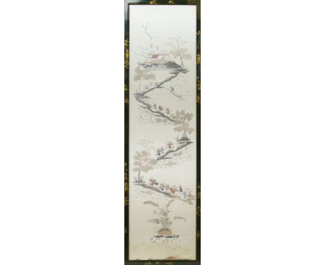 20TH CENTURY CHINESE EMBROIDERED PANEL, depicting figures in landscape scenery, in a lacquered frame with gilt enamel chinois