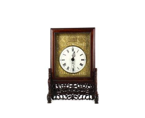 LATE 19TH CENTURY CHINESE ROSEWOOD TABLE CLOCK, the white enamel circular dial with Roman numerals in black, within a gilt su