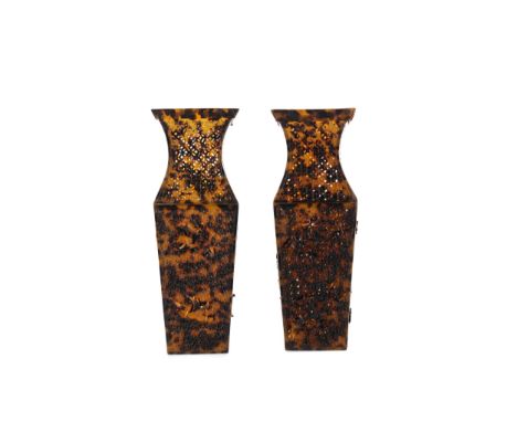PAIR OF CHINESE TORTOISESHELL DRAGON AND PHOENIX VASES, of square baluster form, richly pierced allover, one with phoenix sec