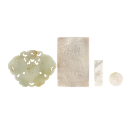 CHINESE GREEN JADE AMULET, modelled as a butterfly, 8.5cm wide, along with a collection of Chinese mother of pearl round and 
