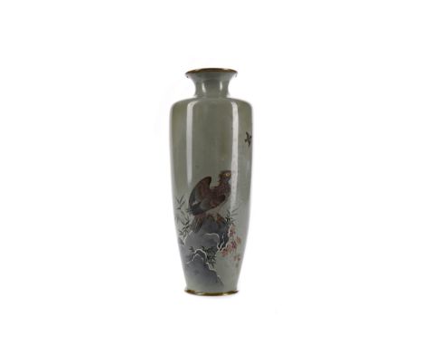 JAPANESE CLOISONNÉ ENAMEL VASE, decorated with an eagle perched on rocks, and with birds in flight, with white metal base, 18