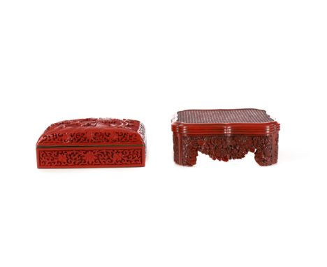 EARLY 20TH CENTURY CHINESE CINNABAR LACQUER LIDDED BOX, of rectangular form, the detachable lid carved in relief with chrysan