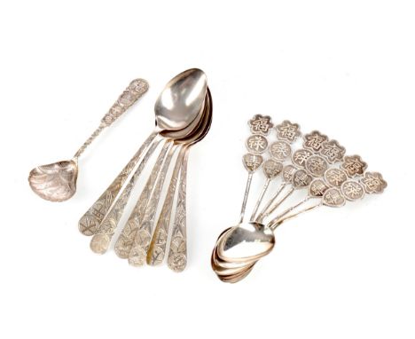 TWO SETS OF SIX CHINESE SILVER TEASPOONS, one set each with three characters to finials, unmarked, the other set with charact