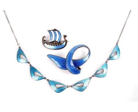 Three pieces of Norwegian guilloche enamelled silver jewellery, comprising: stylized butterfly wing plaque necklace by O. F. 