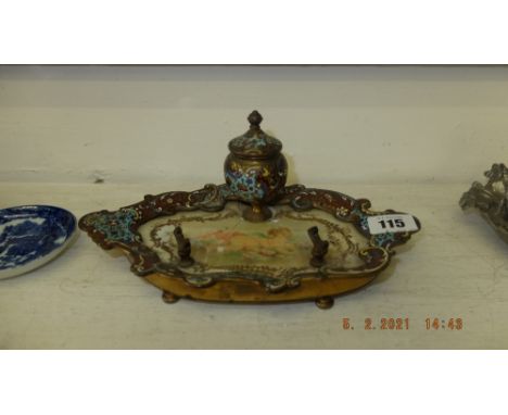 A gilt framed enamel ink stand, some damage