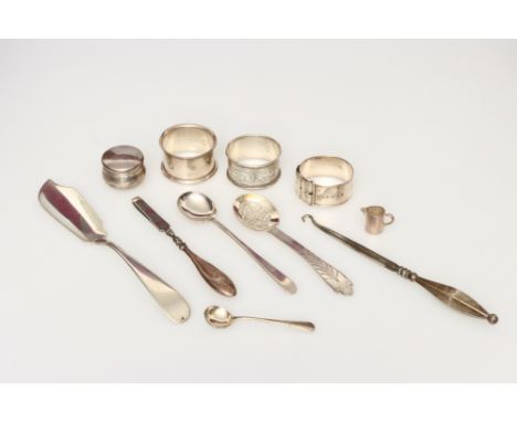 A Mixed Lot of Silver, to include a Victorian doll's house jug, a George V silver pillbox, napkin rings, spoons, button hook 