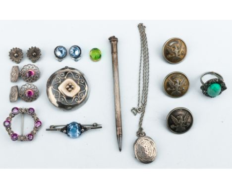 A Small Group of Silver Jewellery, buttons, etc., to include a continental brooch [possibly Scandinavian], amethyst and marca