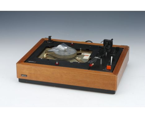 A Lenco L82 R Belt Driven Turntable, black in brown wooden housing, condition G, with Lenco tonearm &amp; A&amp;R Cambridge C