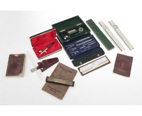 Calculating and Drawing Instruments, planimeter by Keauffel &amp; Esser, three slide rules, one for engineers with horsepower