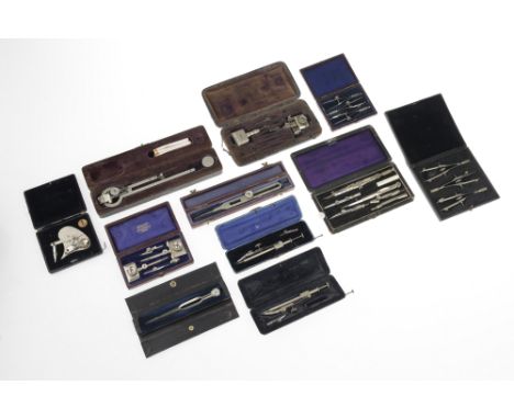 A Collection of Drawing Instruments, all in nickel silver, cased proportional dividers, Richter mechanical dotter, polar plan