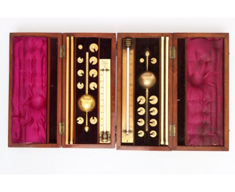 Two Sykes Hydrometers, both English, late 19th century, in mahogany cases with boxwood stringing and ivory name plaques, one 