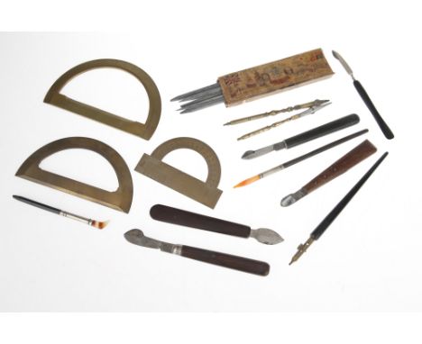 Drawing Instruments, Three brass protractors, one by Stanley, 15.3cm diameter, one by Army &amp; Navy Stores, divided to half