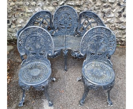 A painted aluminium garden bench and two matching chairs,&nbsp;the bench 137cm wide. (3) 