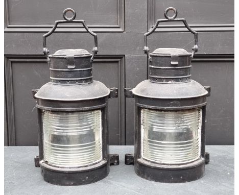 Two vintage black painted ships lanterns, total&nbsp;height 57cm, with wall brackets. 