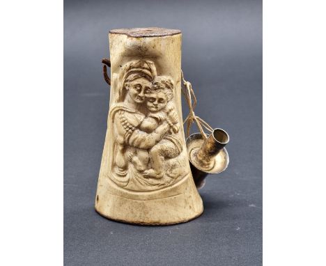 A 19th century Continental carved bone powder flask, 12.5cm high. 