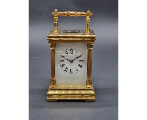 A good and large late 19th century French brass carriage clock,&nbsp;striking on a gong, height including handle 19.5cm, with