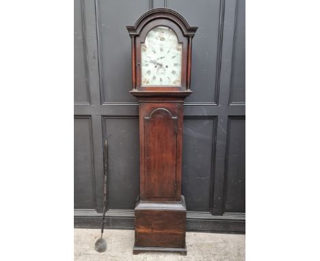 A George III mahogany eight day longcase clock,&nbsp;the 12in painted arched dial inscribed 'Richd Dennet, Isle of Wight', 19