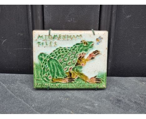 A scarce Medmenham pottery tile,&nbsp;by Conrad Dressller, decorated with a frog, extensively inscribed verso, 10 x 12.5cm. 