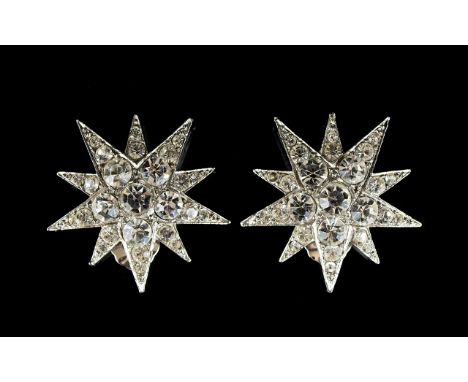 Butler And Wilson Vintage Crystal Set Compass Star Earrings Silver tone clip on statement earrings in the form of a ten point