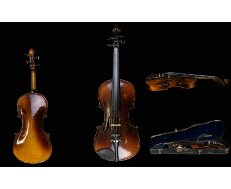 Three Quarter Size Violin In Wooden Case With Bow, Re-String, Two Piece Back, Stradivarius Paper Label. Early 20thC