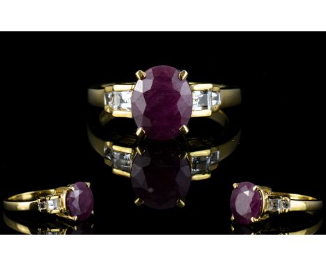 Silver Ruby Set Ring. Plated ring with central oval faceted ruby and stone set shoulders
