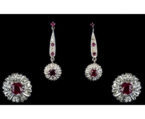 18ct White Gold - Nice Quality Ruby and Diamond Set Pair of Drop Earrings. Each with Flower head Drops and of Stylish / Attra