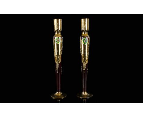 Pair of Venetian Ruby Red Bud Vases gilt overlay and floral enamel decoration. 12 inches in height