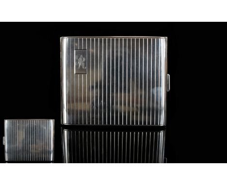 Very Good Quality 1930's Silver Engine Turned Cigarette Case with Regency Stripe Decoration to Front and Back, Gilt Interior.