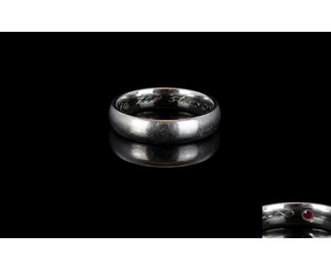 Palladium Wedding Band with Ruby Set to Interior of Shank. Marked P D 950. Ring Size - S. AN5. 6.2 grams. Excellent Condition