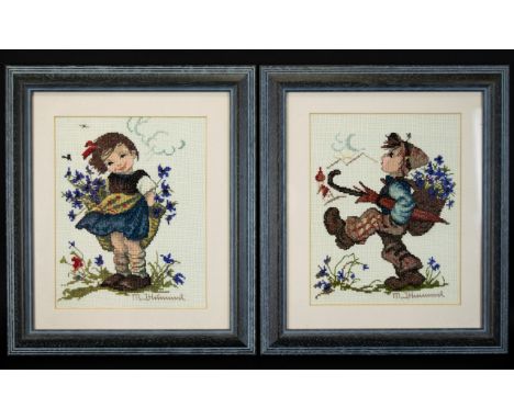 A Pair Of Hummel Framed and Glazed Tapestry Pictures. Both 'signed' M J Hummel to lower right. Each measuring 12 by 14 inches